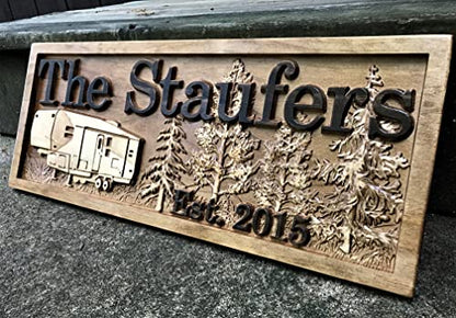 Personalized Camping Sign | Fifth Wheel Decor | Custom Camper Carved Wood Campsite Sign | Wooden RV Decor |Last Name 5th Wheel Trailer | Camping Gift