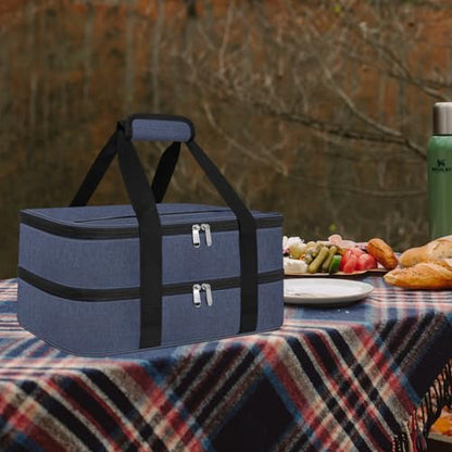 esouler Double Insulated Casserole Carrier Bag Hot & Cold Food Carrier Bag Lasagna Holder Lunch Bag for Picnics, Parties, Travel, Fits 9 x 13 Inches Casserole Dish-Blue - color: Blue, size: 16x10x7.2 in