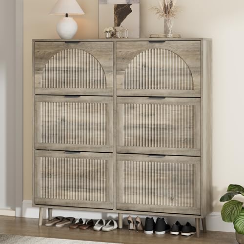 Shoe Storage Cabinet with 6 Flip Drawers, Narrow Wood Shoe Organizer Cabinet with Fluted Panel, Slim Shoe Rack for Entryway, Freestanding Shoe Cabinet for Living Room, Hallway, Grey - color: Grey, size: 6-Drawers
