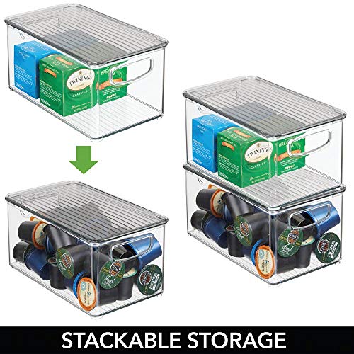 mDesign Plastic Deep Storage Bin Box Container with Lid and Built-In Handles - Organization for Fruit, Snacks, or Food in Kitchen Pantry, Cabinet, Cupboard, Ligne Collection, 4 Pack, Clear/Smoke Gray