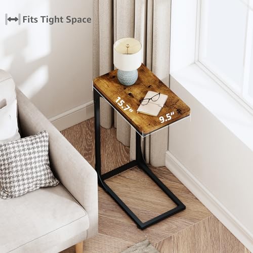 QEEIG Narrow C Shaped Side Table Set of 2 Living Room Sets Slim Couch Tray Tables Skinny Thin Small Farmhouse 9.5 inch Width, Rustic Brown (017-24BN) - color: A. Brown, size: 9.5" Width