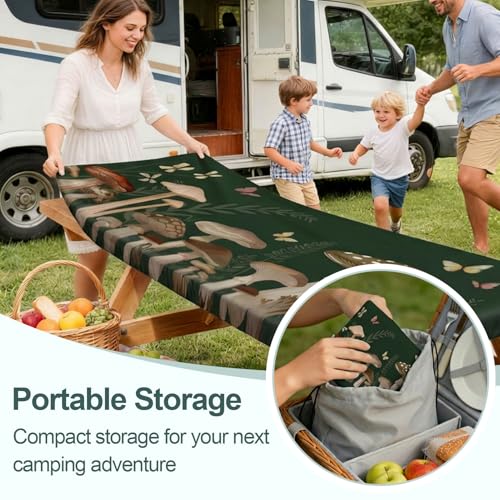 Picnic Table Cover with Bench Covers Camping Essentials Waterproof Windproof Camping Tablecloth with Drawstring Bag, Fitted Rectangle Tables and Seats, 72in, Dark Green Mushroom - color: Dark Green Mushroom, size: 72in