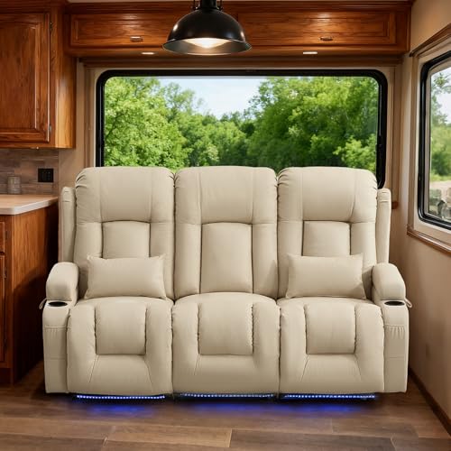 TUNYI Power Loveseat Recliner Sofa with Massage & Heat Home Theater Seating with Console RV Recliner Loveseat Sofa with USB/Storage/Side Pocket/LED Light/Speaker (Beige, 3 Seat) - color: Beige, size: 3 Seat