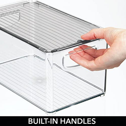 mDesign Plastic Deep Storage Bin Box Container with Lid and Built-In Handles - Organization for Fruit, Snacks, or Food in Kitchen Pantry, Cabinet, Cupboard, Ligne Collection, 4 Pack, Clear/Smoke Gray