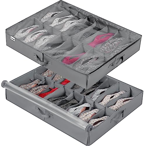 INAYA Under Bed Shoe Storage Organizer 2 Pack, Fits 32 Pairs, Large Underbed Shoe Box Storage Containers, Clear Foldable Shoes Organizer Under the Bed Sturdy Structure with Hard Bottom Support - size: 16+16 Cells (Hard Bottom Support)