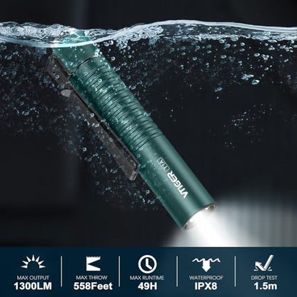 VTIGER T1A Mini Pocket EDC Flashlight with Clip,1300 Lumen Compact AA Rechargeable LED Little Flashlights, Super Bright Tail Switch Small Flash Light with Magnet for Camping,Hiking,Outdoor,Emergency - color: Teal