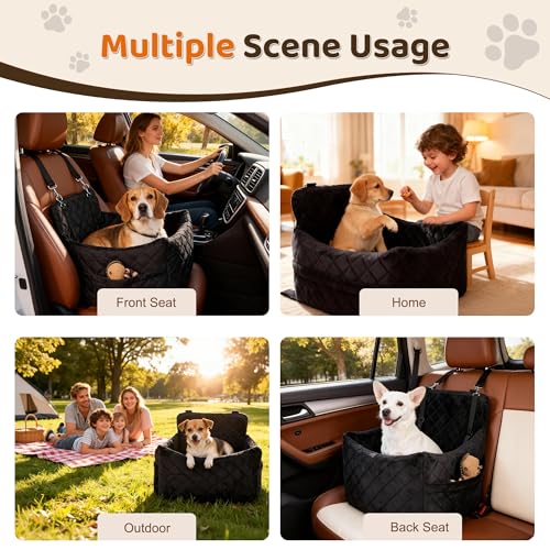 Dog Car Seat for S/M Dogs, Memory Foam Dog Booster Car Seat Up to 35lbs, Detachable Washable Pet Travel Bed with Side Pockets and 2 Safety Belts, Easy to Install (Black)