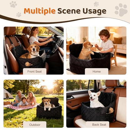 Dog Car Seat for S/M Dogs, Memory Foam Dog Booster Car Seat Up to 35lbs, Detachable Washable Pet Travel Bed with Side Pockets and 2 Safety Belts, Easy to Install (Black)