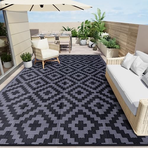OLANLY Waterproof Outdoor Rug 8x10 ft, Outdoor Plastic Straw Rug for Camping, RV Mat Outside, Indoor Outdoor Carpet for Porch, Deck, Backyard, Balcony, Picnic, Black & Grey - color: Black & Grey, size: 8' X 10' (Rectangular)