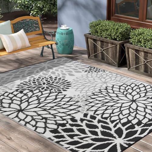 YONILE Outdoor Rug 8x10 ft Waterproof, Reversible Outdoor Plastic Straw Rug for Patios Clearance, Outdoor Area Rug Carpet RV Mat for Camping Backyard Deck Porch - color: Black&white-flowers, size: 8x10ft
