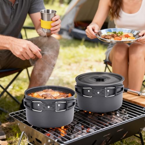 ROVSUN 34 pcs Camping Cookware Mess Kit, Lightweight Non-Stick Camping Cooking Pot and Pan Set with Stainless Steel Camping Gear Kettle Cup for Open Fire, Backpacking, Outdoor Cooking