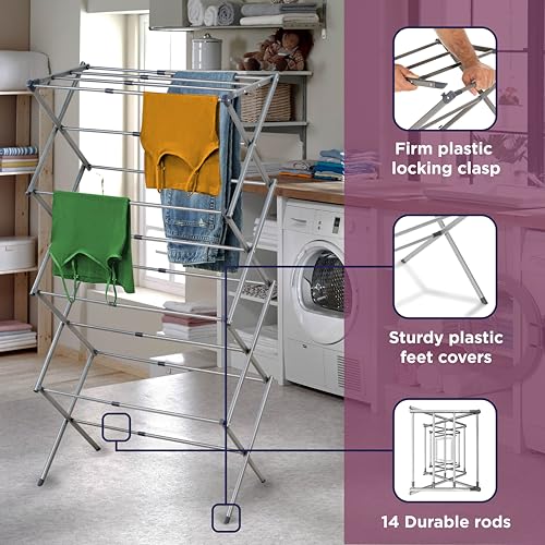 BLACK+DECKER 4-Tier Expandable Collapsible Clothes Drying Rack, Telescopic Height, Foldable Space-Saving Laundry Air Dryer for Towels, Shirts & Delicates – Durable Steel, No Tools Needed - color: Grey/Grey