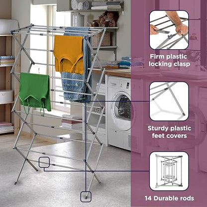 BLACK+DECKER 4-Tier Expandable Collapsible Clothes Drying Rack, Telescopic Height, Foldable Space-Saving Laundry Air Dryer for Towels, Shirts & Delicates – Durable Steel, No Tools Needed - color: Grey/Grey