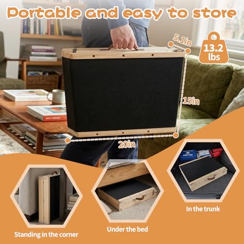 Rubber-Mat Dog Ramp with Rails for Couch, Bed or Car - 40" Long Foldable Wood Pet Ramp Adjustable Height from 10" to 21", with High Traction Mat for Small Medium Older Dogs, Up to 180 Lbs