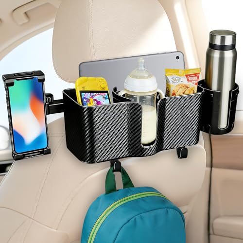 Car Headrest Backseat Storage Box with 2 Cup Holders, Back Seat Car Organizer 5"-13" Tablet Phone Holder with Hook, Adjustable 3-in-1 Multifunctional Car Essential Food Tray for Travel Accessories