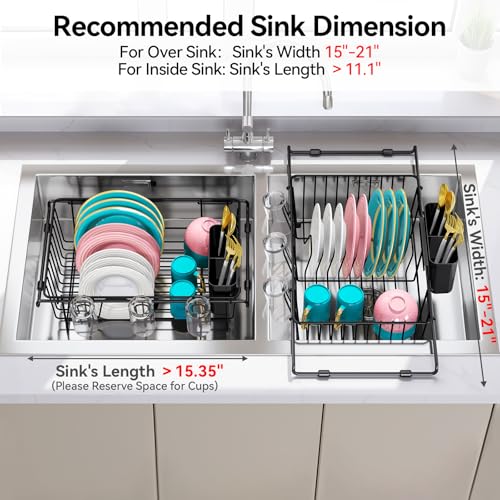 Urackify Dish Drying Rack in Sink, Stainless Steel Expandable Over the Sink Dish Rack with Utensil Holder & Cup Holder, Kitchen Drying Rack for Inside Sink, 15.35" x 11.02" x 4.84", Black - color: Black, size: Expandable - 15.35"~23.23“ x 11.02" x 4.84"