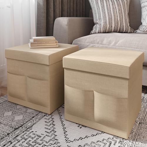 Set of 2 Ottomans with Storage Pockets - 15-Inch Folding Foot Rests or Storage Organizers for Bedroom, Living Room, or Dorm by Lavish Home (Beige) - color: Beige
