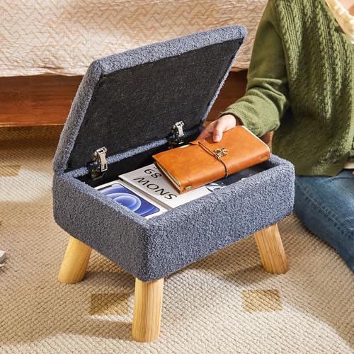 YMYNY Storage Ottoman,Small Foot Stool, 15.75"×11.81"×11.02" Blue,HBD042BU | Teddy Velvet, Sturdy Wood Legs, Foot Rest with Padded Seat, For Living Room Bedroom Couch Entryway - color: Blue