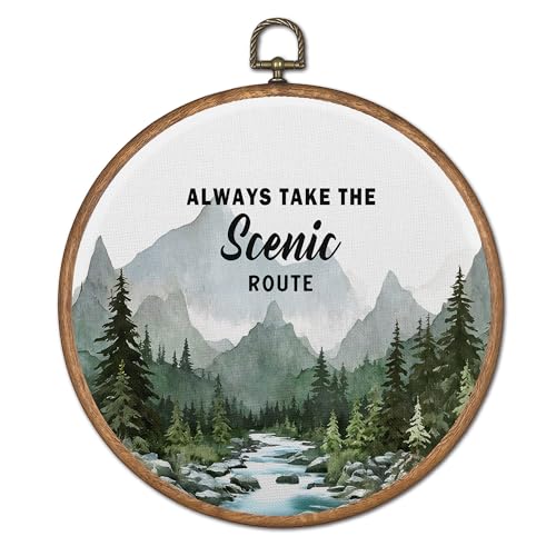 TopXmai Adventure Nature Mountain Round Wall Art Decor, Always Take the Scenic Route Canvas Wall Art Framed, Camping Lover Gifts Wall Hanging Decor for RV Camper Bedroom Home, 10x10 Inch - color: Colour01