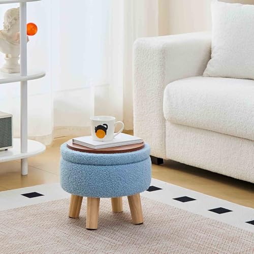 Wimarsbon Storage Ottoman, Modern Round Footrest with Soft Padded Seat, Teddy Velvet Footstool with Wood Legs, Accent Small Table or Plant Stand for Hallway, Living Room (Blue) - color: Blue