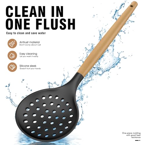 oannao Silicone Cooking Utensils Set Utensil Sets - 446°F Heat Resistant Silicone Kitchen Utensils Set Wooden Handles, Silicone Utensils for Cooking w Holder for Non-Stick Cookware BPA FREE (Black) - color: Black