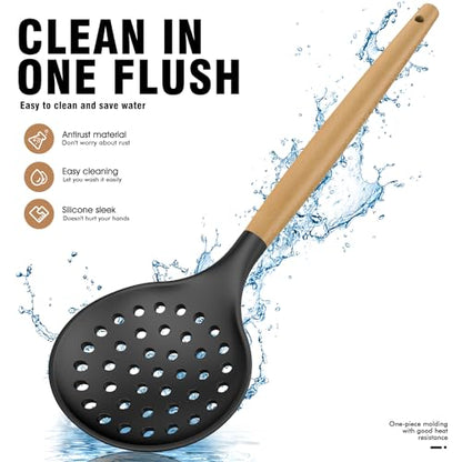 oannao Silicone Cooking Utensils Set Utensil Sets - 446°F Heat Resistant Silicone Kitchen Utensils Set Wooden Handles, Silicone Utensils for Cooking w Holder for Non-Stick Cookware BPA FREE (Black) - color: Black