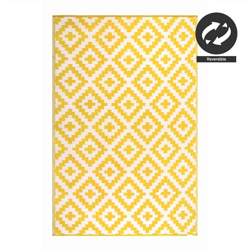 FH Home Outdoor Rug - Waterproof, Fade Resistant, Reversible - Premium Recycled Plastic - Geometric - Large Patio, Deck, Sunroom, Camping, RV - Aztec - Yellow & White Crease Free - 6 x 9 ft - color: Aztec - Yellow & White, size: 6' x 9' (Rectangular)