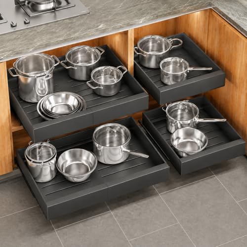 4 Pack Pull out Cabinet Organizer, Expandable(12"-20") Heavy Duty Slide out Drawer Fixed with Adhesive Nano Film for Pots, Roll out Shelf Storage for Kitchen Organization, Pantry, Bathroom(Black) - color: Black, size: 21"D×12"-20"W(4 Pack)