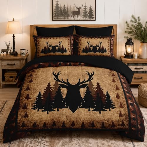 Nesker 5 Pcs Comforter Set Twin Size, Vintage Woodland Elk Bedding Set for Kids and Adults, Hunting Wildlife Deer Bed Sheet Sets with Fitted Sheet Pillowcase & Sham - color: Deer 3, size: Twin