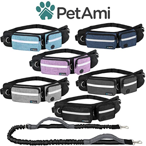 PetAmi Hands Free Dog Leash, Dog Running Leash Belt Bag for Walking, Jogging, Dog Waist Double Zipper Pouch with Poop Bag Dispenser, Dual Padded Handles Reflective Bungee Leash, Single (Turquoise) - color: Turquoise, size: 1 Leash