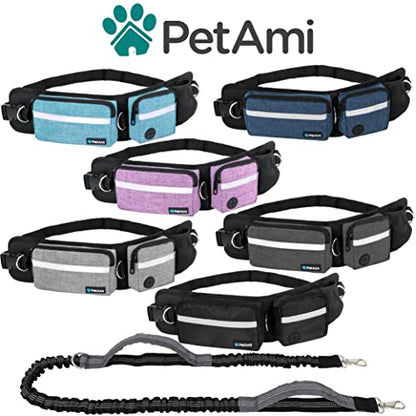 PetAmi Hands Free Dog Leash, Dog Running Leash Belt Bag for Walking, Jogging, Dog Waist Double Zipper Pouch with Poop Bag Dispenser, Dual Padded Handles Reflective Bungee Leash, Single (Turquoise) - color: Turquoise, size: 1 Leash