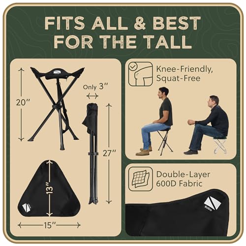 Foldable Tripod Stool - Ultra Portable Seat for Tall People, 20” High - Hunting Chair & Hidden Zippered Pocket - 2 lb Camping Stool, 3 Legged Strong Steel Stool Holds up to 200 lb (Black) - color: Regular Black