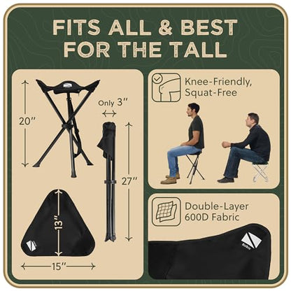 Foldable Tripod Stool - Ultra Portable Seat for Tall People, 20” High - Hunting Chair & Hidden Zippered Pocket - 2 lb Camping Stool, 3 Legged Strong Steel Stool Holds up to 200 lb (Black) - color: Regular Black