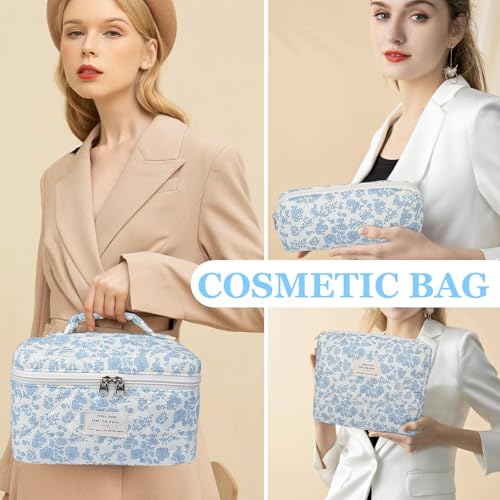 Gosect Makeup Bag Set, Quilted Makeup Bag, Large Floral Cosmetic Bag for Women, Cute Cotton Makeup Bags, Flower Travel Toiletry Organizer Bag (Blue Peacock Flower) - color: Blue Peacock Flower