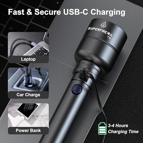 SuperFire Rechargeable Flashlight High Lumens 3000LM, Powerful LED Flashlight with 6 Modes, USB Charging, IP46 Waterproof, Long Runtime for Home Emergency, Outdoor Camping, Hiking&Tactical Use