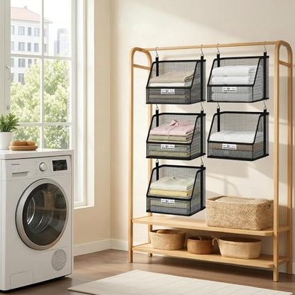 STORAGE MANIAC 2 Tier Hanging Closet Organizer with Mesh Baskets, Clothes Hanging Shelves, Foldable Stackable Storage, Space-Saving Collapsible Basket with Hooks for RV, Dorm, Bedroom, College, Black - size: 2 Tier