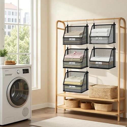 STORAGE MANIAC 3 Tier Hanging Closet Organizer with Mesh Baskets, Clothes Hanging Shelves, Foldable Stackable Storage, Space-Saving Collapsible Basket with Hooks for RV, Dorm, Bedroom, College, Black - size: 3 Tier