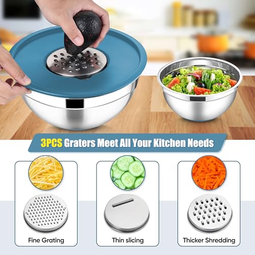 E-far Stainless Steel Mixing Bowls with Lids Set, 5-Piece Nesting Salad Bowls with 3 Grater Attachments and Non-Slip Bottoms, Size 4.6, 2.6, 2, 1.5, 1QT for Kitchen (Blue) - color: Blue, size: 5 Regular Sizes