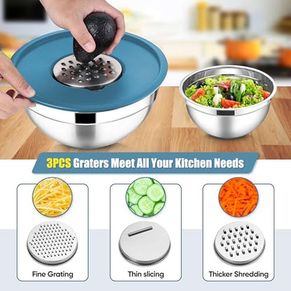 E-far Stainless Steel Mixing Bowls with Lids Set, 5-Piece Nesting Salad Bowls with 3 Grater Attachments and Non-Slip Bottoms, Size 4.6, 2.6, 2, 1.5, 1QT for Kitchen (Blue) - color: Blue, size: 5 Regular Sizes