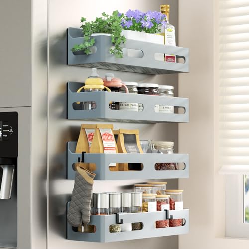 Sevenblue 4 Pack Strong Magnetic Spice Rack for Refrigerator, Multipurpose Magnetic Shelf for Fridge with 4 Hooks for kitchen and Bathroom Organization, Grey - color: Grey, size: 4 Pack