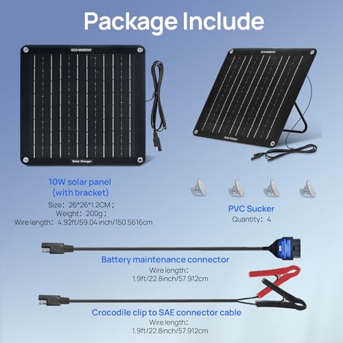 ECO-WORTHY Upgraded OBDII 10W Solar Battery Trickle Charger Maintainer-12V Waterproof Solar Panel Trickle Charger Kit with Portable Stand for Car Truck Boat Mower RV Trailer ATV Marine Battery - size: 10W