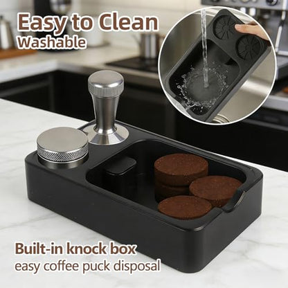 Espresso Tamping Station with Knock Box, 3-in-1 ABS Coffee Tamper Station Organizer for 51/54/58mm Tamper for Home Cafe Office, Black