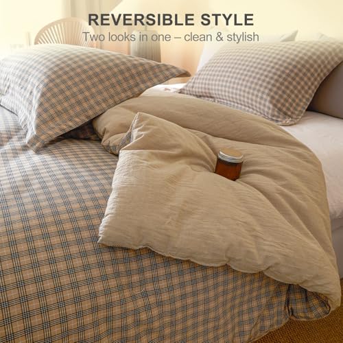100% Cotton Comforter Set Full Size – Reversible Yarn-Dyed Checkered Design, Soft Washed Cotton on Both Sides, Lightweight All-Season Bedding, Machine Washable(Beige Plaid, 80”x90”) - color: Beige, size: Full(80"x90")