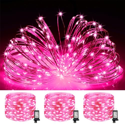 3 Pack Valentine's Day Pink Fairy Lights Plug in, 33Ft 100 LEDs Waterproof Twinkle Firefly Starry String Lights with Adaptor, for Wedding Christmas Indoor Outdoor Patio Garden Decoration - color: Pink, size: 3PK ( 3 X 100 Counts)
