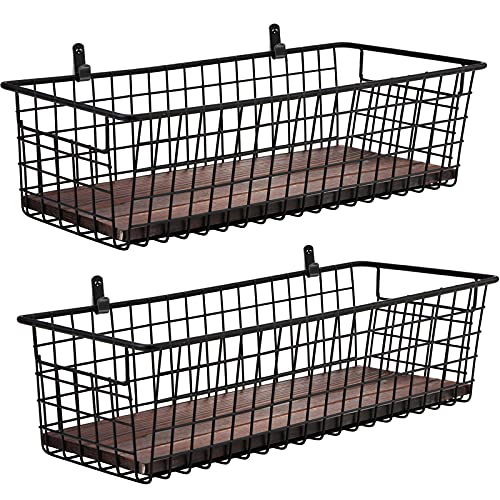 SheeChung 2 Set [Extra Large] Portable Metal Farmhouse Wall Decor Storage Organizer Basket Bin with Handles & Floating Shelves for Hanging in Bathroom, Kitchen, Office-Wall Mount Hooks, Black