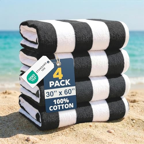 LANE LINEN Beach Towels 4 Pack - 520 GSM, (30" x 60") 100% Cotton Pool Towel for Adults - Thick & Highly Absorbent Extra Large Beach Towel - Super Soft & Quick Dry Cabana Stripe Pool Towel Set - Grey - color: 06: Grey, size: 4 Pack: 30"x60"