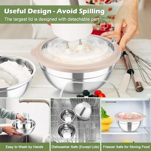 TeamFar Mixing Bowls, 3PCS Stainless Steel Serving Salad Bowls with Lids & 3 Graters, For Kitchen Mixing/Baking/Storing/Prepping, Visible & Airtight, Easy Clean - 4.5/3 / 1.5 QT, Khaki - color: Khaki, style: Transparent Airtight Lids