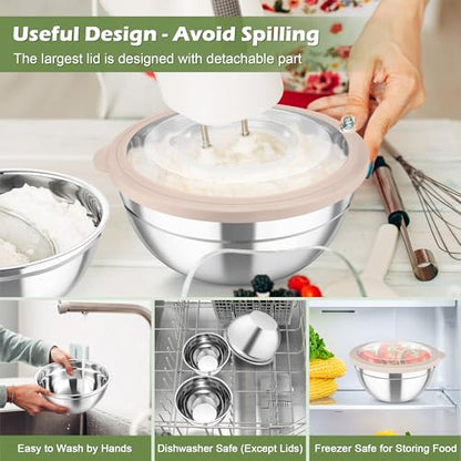 TeamFar Mixing Bowls, 3PCS Stainless Steel Serving Salad Bowls with Lids & 3 Graters, For Kitchen Mixing/Baking/Storing/Prepping, Visible & Airtight, Easy Clean - 4.5/3 / 1.5 QT, Khaki - color: Khaki, style: Transparent Airtight Lids