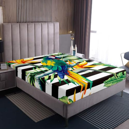 Erosebridal Tropical Tree Fitted Sheet Full,Black White Stripe Bedding Set Green Plant Palm Leaves Bed Cover Bird Parrot Animal Bed Sheet Set,Botanical Yellow Floral Bedding with 2 Pillow Shams - color: Leaf 06, size: Full(54"x75")