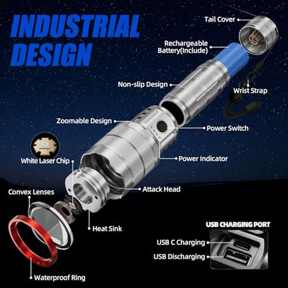 Rechargeable Flashlights 10000 High Lumens Super Bright LED Flashlight High Powered Tactical Flashlight Zoomable 3 Modes IPX6 Waterproof Handheld Flash Light for Camping Outdoor Emergencies